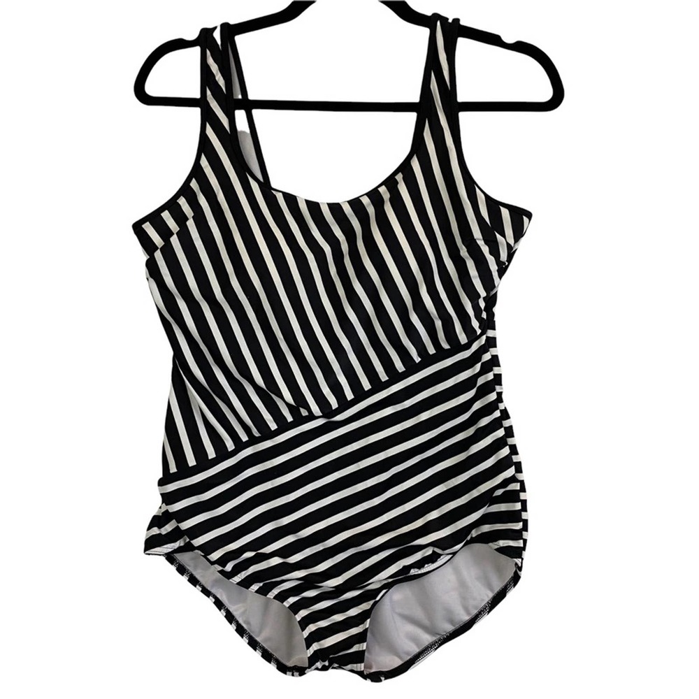 Lands End Black White Stripe One Piece Swimsuit Size 12 - Tugless tank